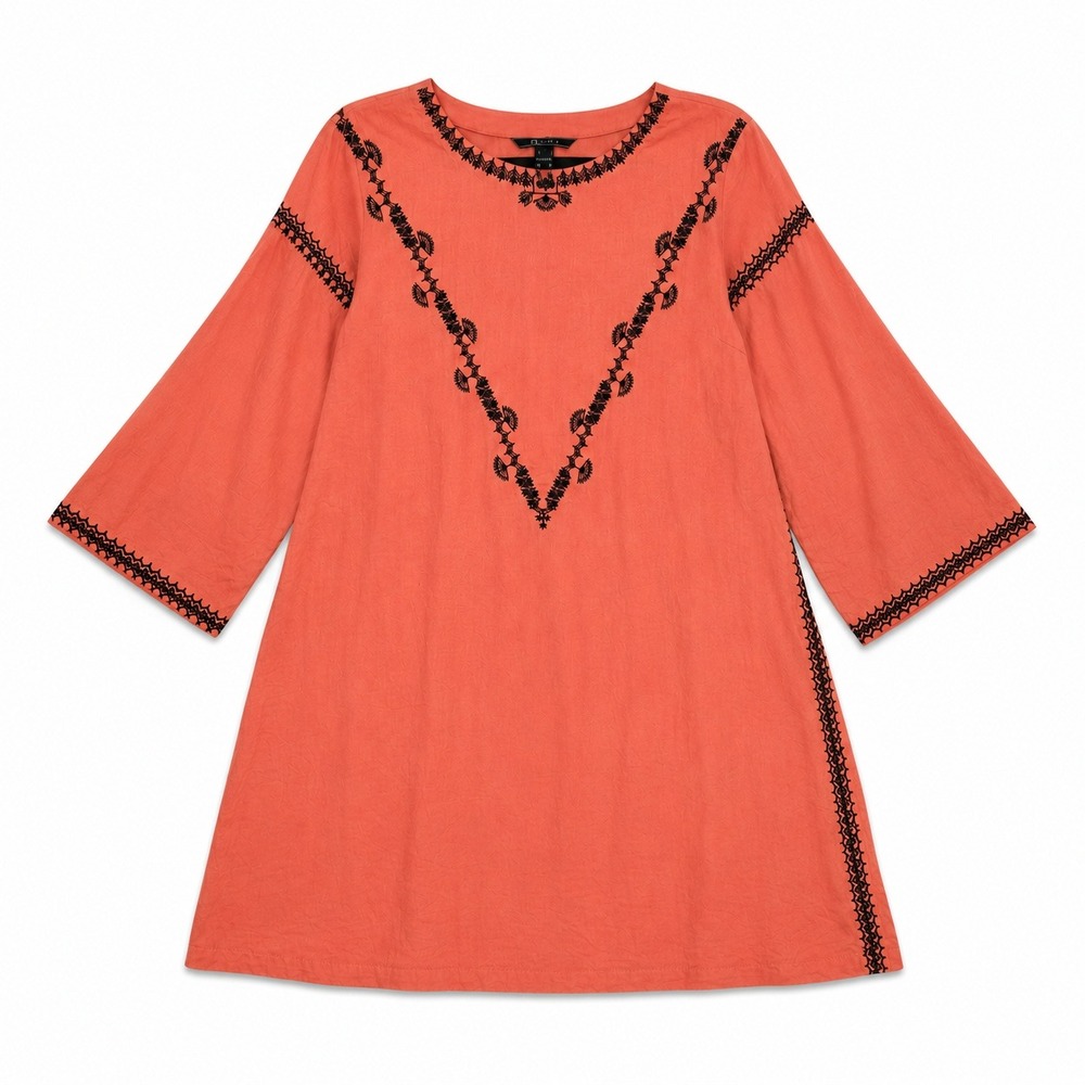 Nishat Linen Embroidered Tunic Dress Coral Pink Boho Linen Blend Women 6